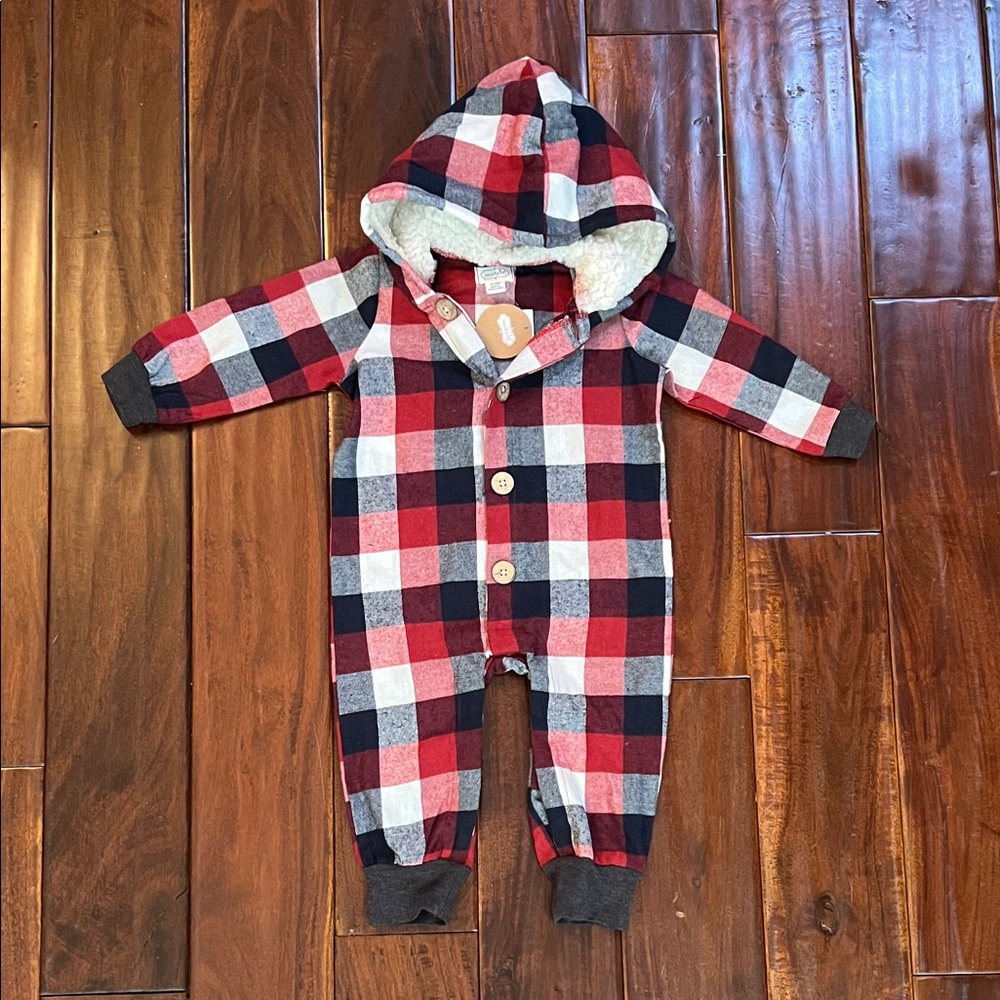 Mud Pie Red and Blue Plaid Hooded Onesie -As Is